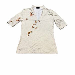 🕊️ Akris Beige Bird‎ Print V-Neck Top 🕊️